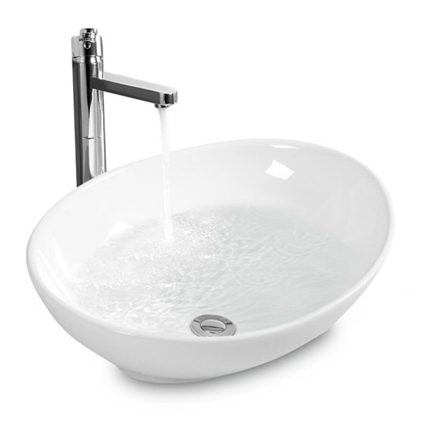 Costway White Ceramic Vessel Oval Bathroom Sink with Drain Included (16-in x 13-in)