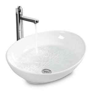 Costway White Ceramic Vessel Oval Bathroom Sink with Drain Included (16-in x 13-in)