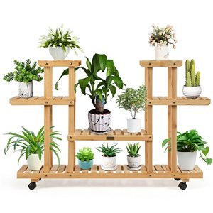 Costway 31.5-in Brown Indoor Novelty 4-Tier Wood Plant Stand with Wheels