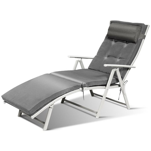 Costway White Metal Stationary Chaise Lounge with Grey Cushioned Seat - Set of 2