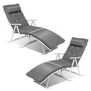 Costway White Metal Stationary Chaise Lounge with Grey Cushioned Seat - Set of 2