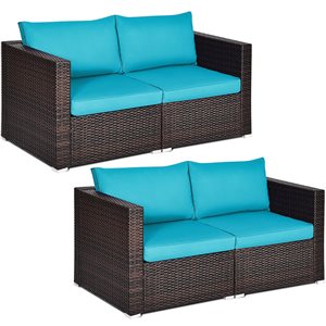 Costway Rattan Outdoor Sofa with Blue Cushions Included and Brown Aluminum Frame - Set of 2