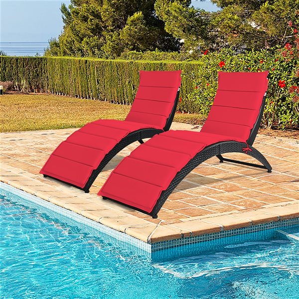 Costway Brown Rattan Metal Stationary Chaise Lounge with Red Cushioned Seat - Set of 2