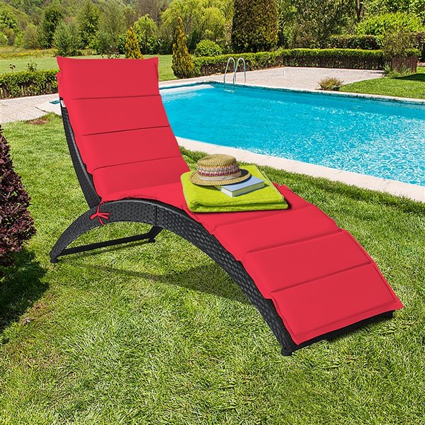 Costway Brown Rattan Metal Stationary Chaise Lounge with Red Cushioned Seat - Set of 2