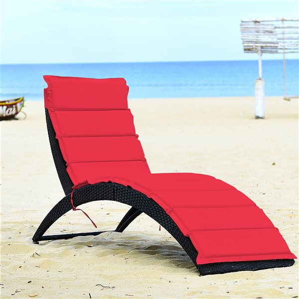 Costway Brown Rattan Metal Stationary Chaise Lounge with Red Cushioned Seat - Set of 2