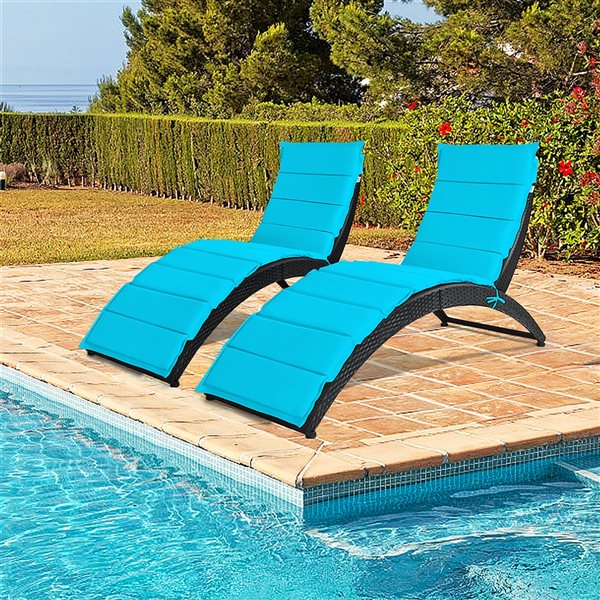 Costway Brown Rattan Metal Stationary Chaise Lounge with Blue Cushioned Seat - Set of 2