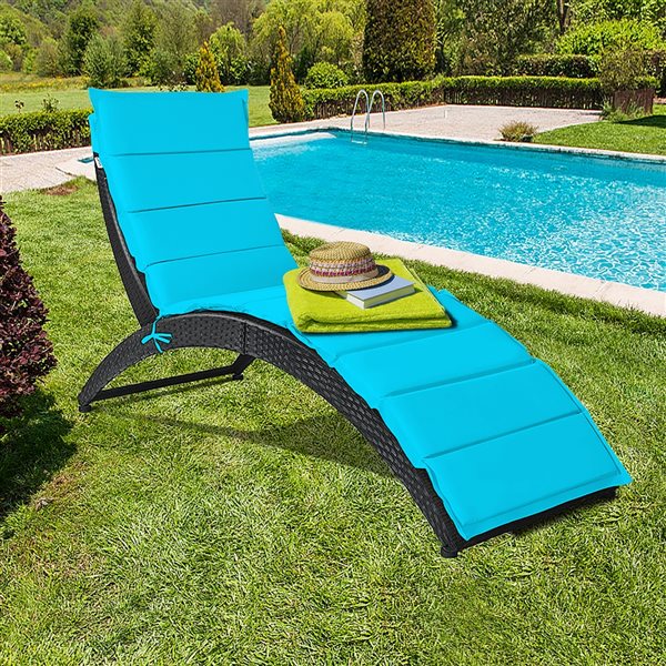 Costway Brown Rattan Metal Stationary Chaise Lounge with Blue Cushioned Seat - Set of 2