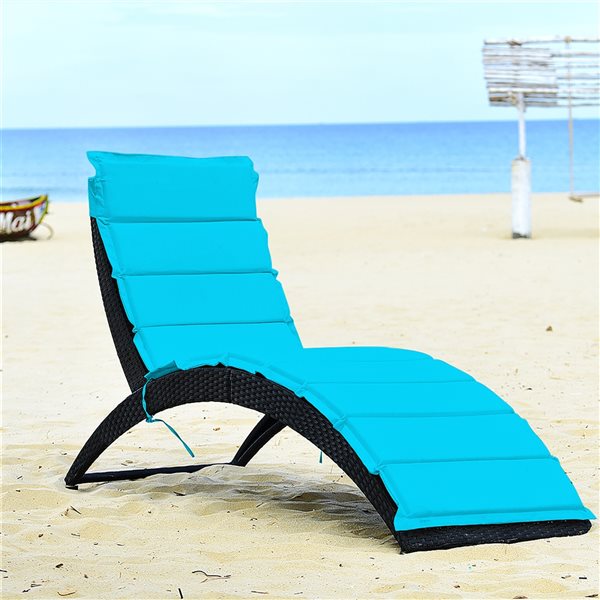 Costway Brown Rattan Metal Stationary Chaise Lounge with Blue Cushioned Seat - Set of 2