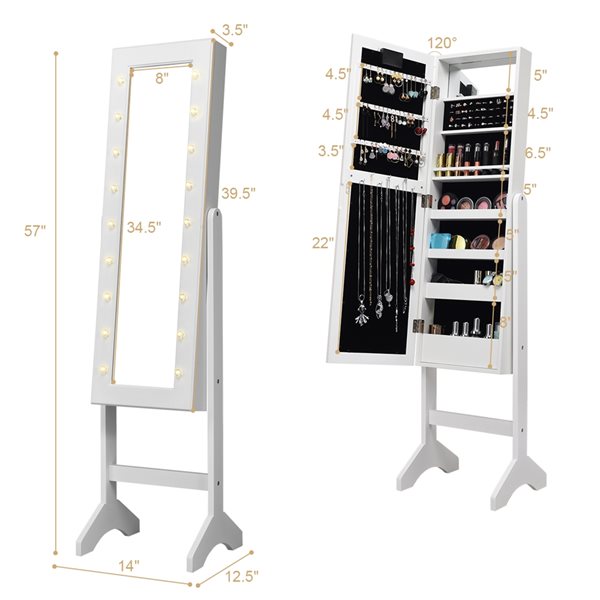 Costway White Floorstanding Jewelry Armoire with 18 LED Lights