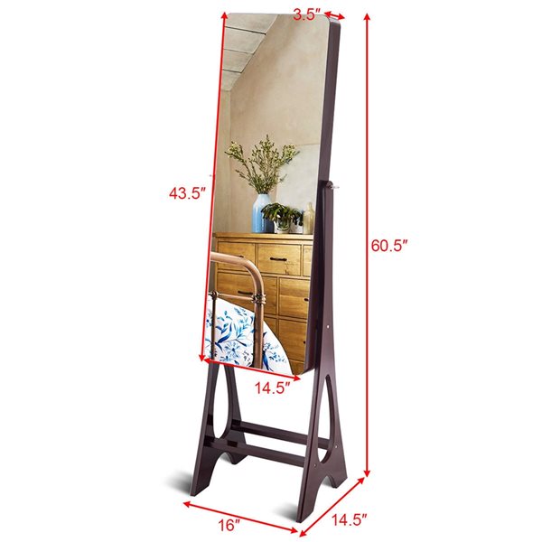 Costway Brown Floorstanding Jewelry Armoire with LED Light