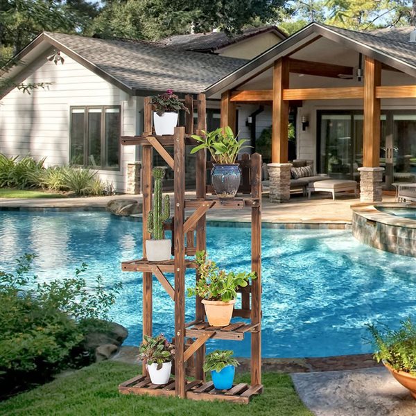 Costway 51.5-in Brown Outdoor Rectangular 5-Tier Wood Plant Stand