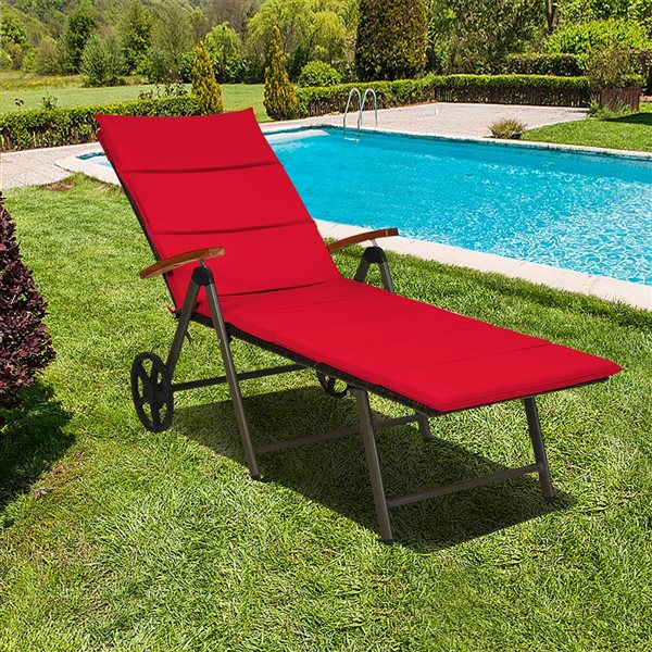 Costway Brown Rattan Aluminum Stationary Chaise Lounge with Red Cushioned Seat - Set of 2