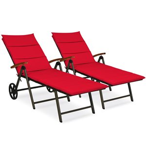 Costway Brown Rattan Aluminum Stationary Chaise Lounge with Red Cushioned Seat - Set of 2