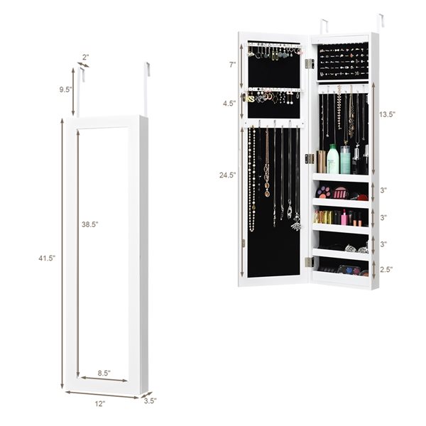 Costway White Over-The-Door Jewelry Armoire with LED Light