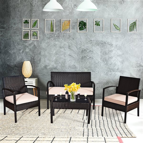 Costway 4-Piece Metal Frame Patio Conversation Set with Off-White Cushions Included
