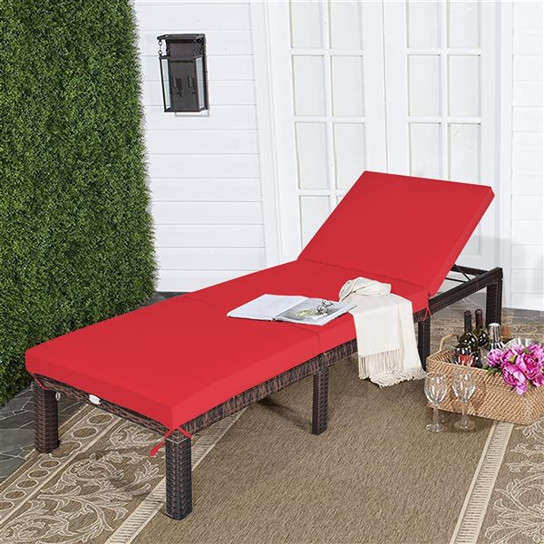 Costway Brown Rattan Metal Stationary Adjustable Chaise Lounge with Red Cushioned Seat - Set of 2