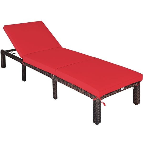 Costway Brown Rattan Metal Stationary Adjustable Chaise Lounge with Red Cushioned Seat - Set of 2