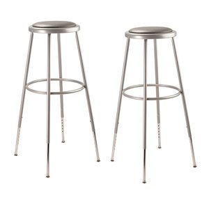 National Public Seating 6400 Series Adjustable Height Grey Upholstered Steel Bar Stools - 2-Pack
