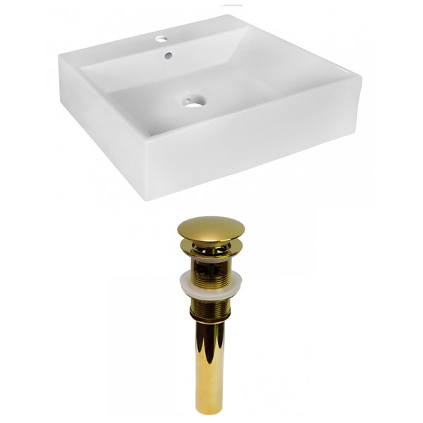 American Imaginations White Ceramic 20.5-in Rectangular Vessel Sink Set with Gold Hardware Included