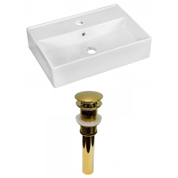 American Imaginations White Ceramic 19.75-in Rectangular Vessel Sink Set - Gold Hardware