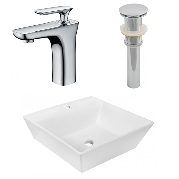 American Imaginations 16.5-in x 16.5-in White Ceramic Vessel Square Bathroom Sink with Faucet/Drain