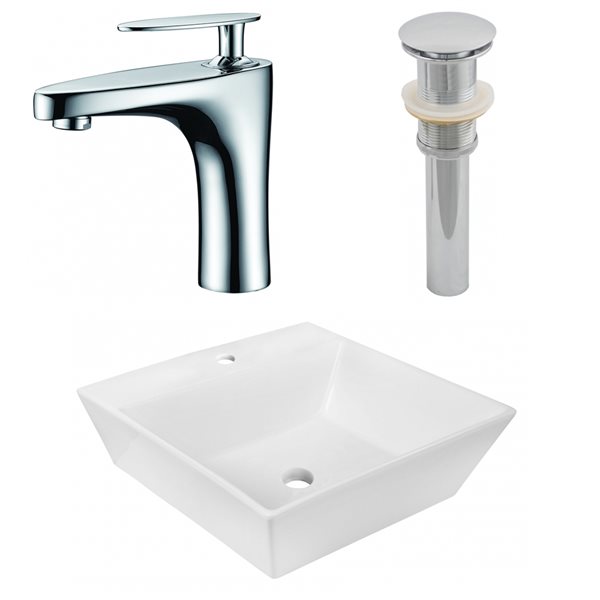 American Imaginations White Ceramic Vessel Square Bathroom Sink and Faucet with Drain (16.5-in x 16.5-in)