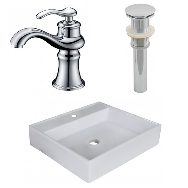 American Imaginations White Ceramic Vessel Bathroom Sink and Faucet with Drain (17-in x 17-in)
