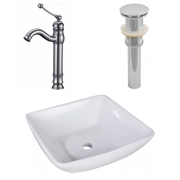 American Imaginations White Ceramic Vessel Square Bathroom Sink and Faucet/Drain (16.5-in x 16.5-in)