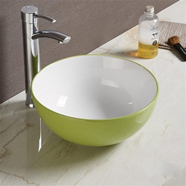 American Imaginations Olive and White Ceramic Vessel Round Bathroom Sink (14.09in x 14.09in