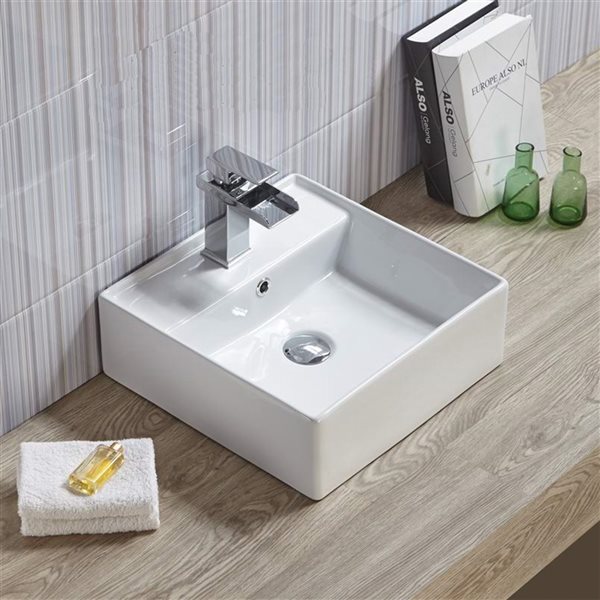 American Imaginations White Ceramic Vessel Square Bathroom Sink - Overflow Drain Included (16-in x 16-in)