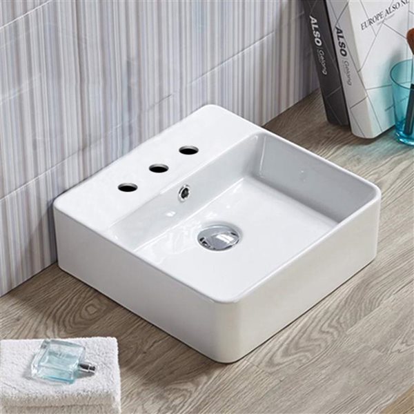 American Imaginations White Square Ceramic Vessel Bathroom Sink - Overflow Drain Included (15-in x 15-in)