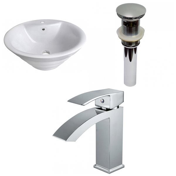 American Imaginations White Round Ceramic Vessel Bathroom Sink with Faucet, Overflow Drain and Drain (19.25-in x 19.25-in)