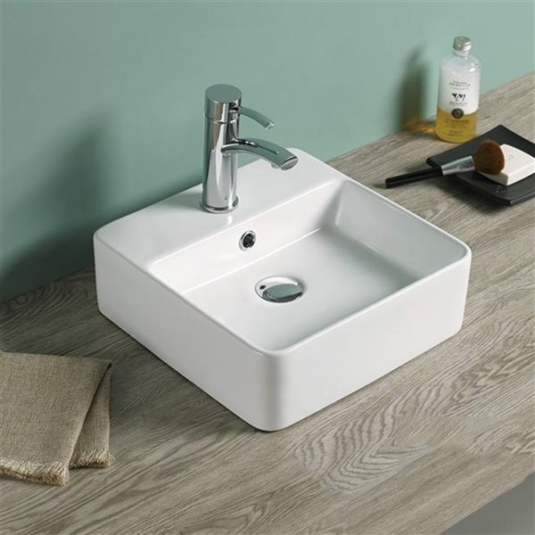 American Imaginations White Ceramic Square Vessel Bathroom Sink with Overflow Drain (16-in x 16-in)