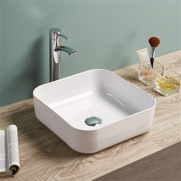 American Imaginations Square White Ceramic Vessel Bathroom Sink (15.2-in x 15.2-in)
