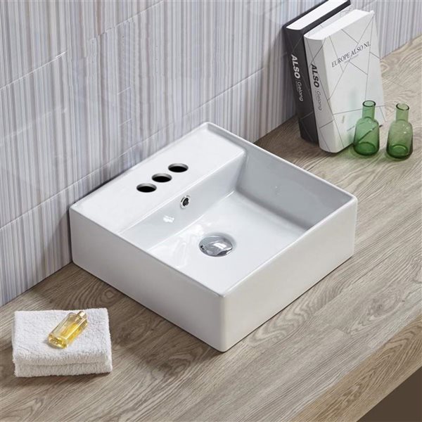 American Imaginations White Ceramic Square Vessel Bathroom Sink - Overflow Drain Included (15-in x 15-in)