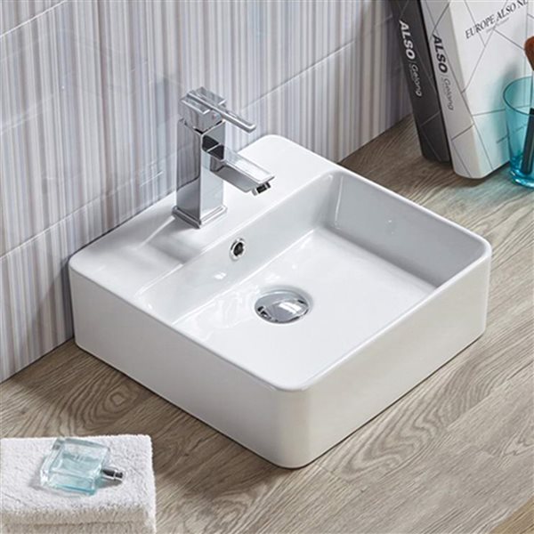 American Imaginations Square White Ceramic Vessel Bathroom Sink with Overflow Drain (15-in x 15-in)