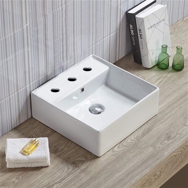 American Imaginations Square White Ceramic Vessel Bathroom Sink - Overflow Drain Included (15-in x 15-in)