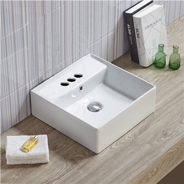 American Imaginations White Square Ceramic Vessel Bathroom Sink with Overflow Drain (16-in x 16-in)