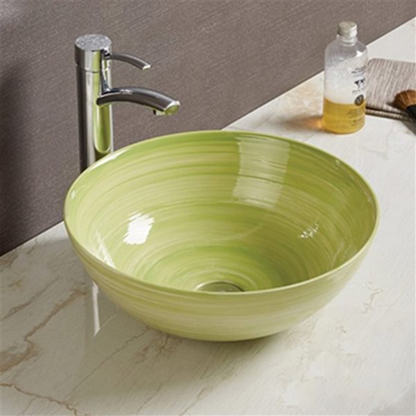 American Imaginations Round Olive Swirl Ceramic Vessel Bathroom Sink (14.09-in x 14.09-in)
