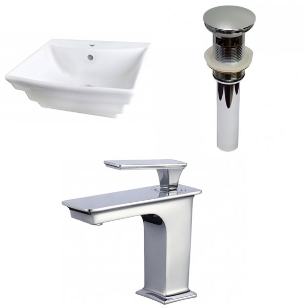 American Imaginations White Ceramic Wall-Mounted Rectangular Bathroom Sink with Chrome Faucet and Drain (17-in x 19.75-in)