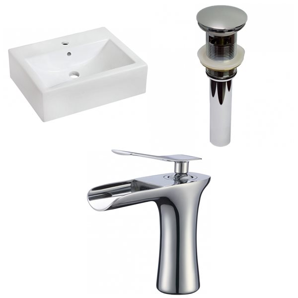 American Imaginations White Ceramic Wall-Mounted Rectangular Bathroom Sink with Chrome Faucet and Drain (16.25-in x 20.25-in)