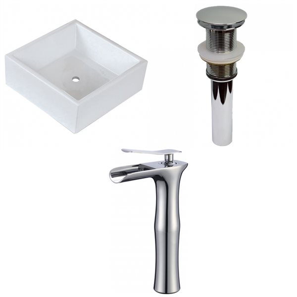 American Imaginations White Ceramic Vessel Square Bathroom Sink with Chrome Faucet and Drain (14.75-in x 14.75-in)