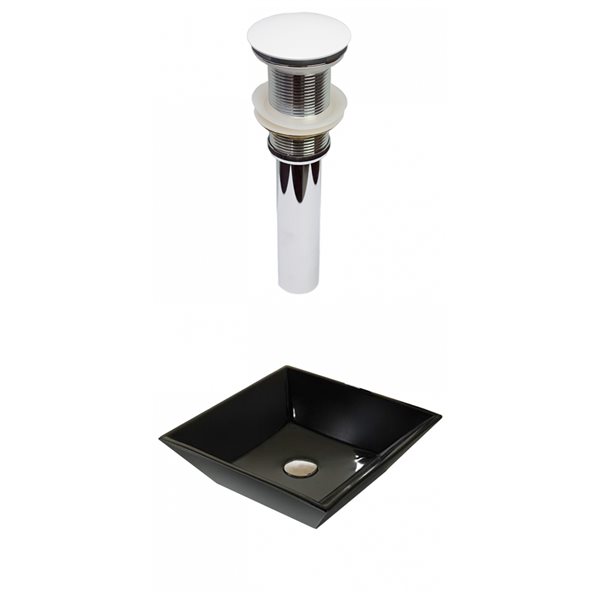 American Imaginations Black Ceramic Vessel Square Bathroom Sink with White Drain (16.1-in x 16.1-in)
