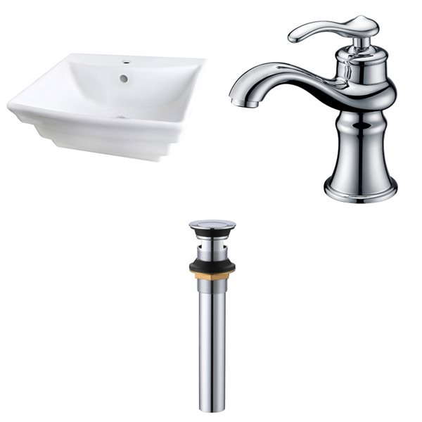 American Imaginations White Ceramic Wall-Mounted Rectangular Bathroom Sink with Chrome Faucet and Drain (17-in x 19.75-in)