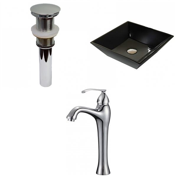 American Imaginations Black Ceramic Vessel Square Bathroom Sink with Chrome Faucet and Drain (16.1-in x 16.1-in)
