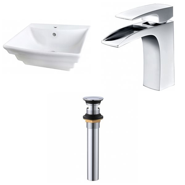 American Imaginations White Ceramic Wall-Mounted Rectangular Bathroom Sink with Chrome Faucet and Drain (17-in x 19.75-in)