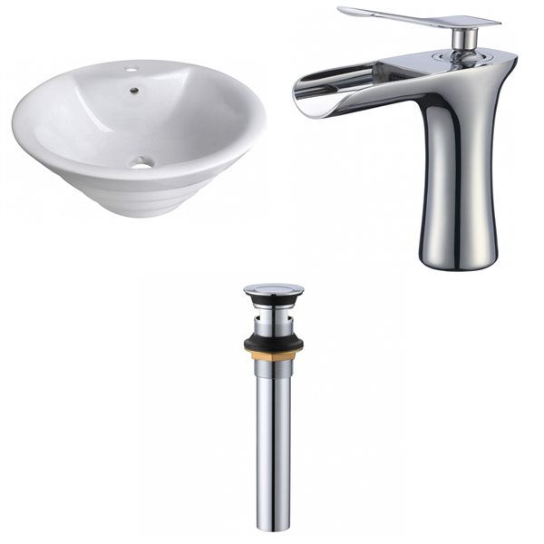 American Imaginations White Ceramic Vessel Round Bathroom Sink with Chrome Faucet and Drain (19.25-in x 19.25-in)