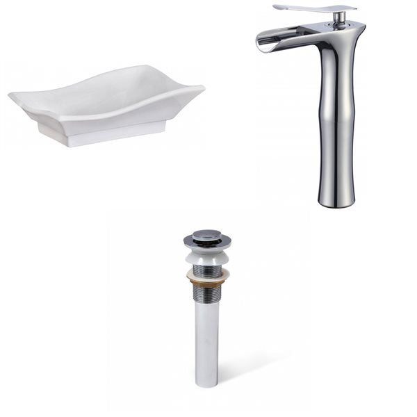 American Imaginations White Ceramic Vessel Irregular Bathroom Sink with Chrome Faucet and Drain (14-in x 20-in)