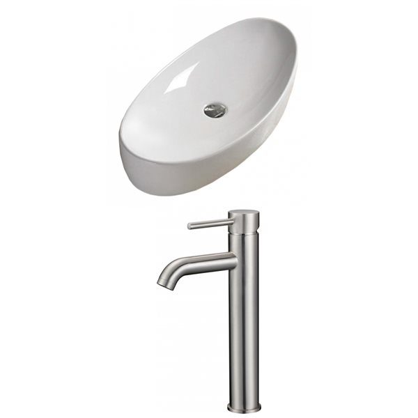 American Imaginations White Ceramic Vessel Oval Bathroom Sink with Brushed-Nickel Faucet (15.4-in x 31-in)