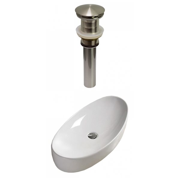 American Imaginations White Ceramic Vessel Oval Bathroom Sink with Brushed-Nickel Drain (15.4-in x 31-in)